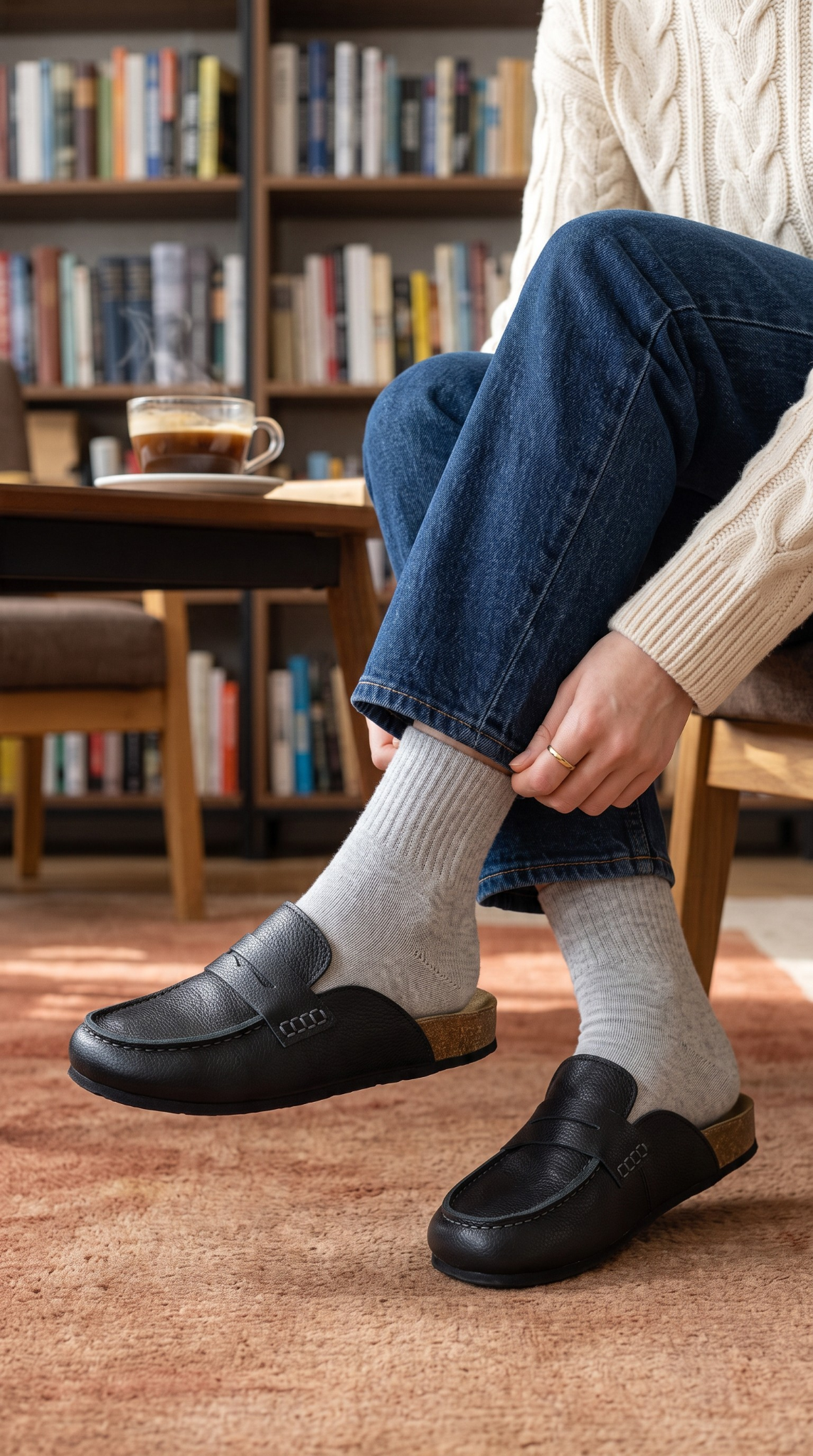 Mules Avern Onyx en cuir grainé noir avec un jean bleu et des chaussettes grises.