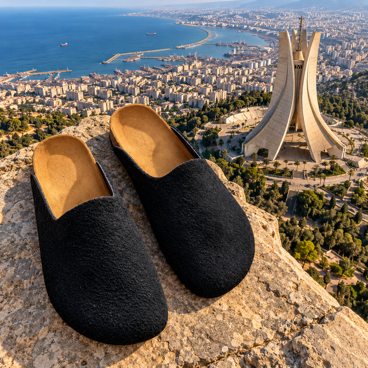 Mules Havana Deep Navy portées avec un pantalon beige