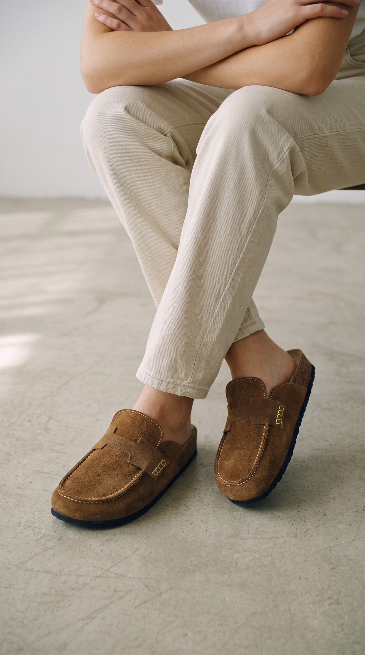 Havana Tobacco portée avec un pantalon clair, sur un parquet