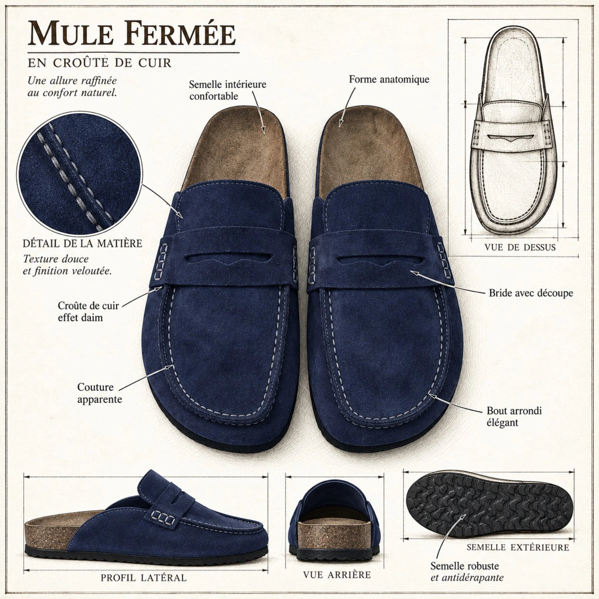 Illustration des détails et des différentes vues du modèle Avern Deep Navy