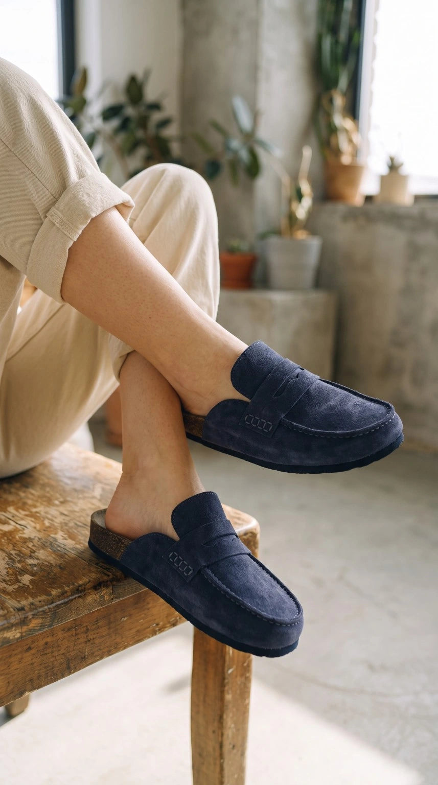 Avern Deep Navy portée avec un pantalon clair, assis sur une chaise en bois