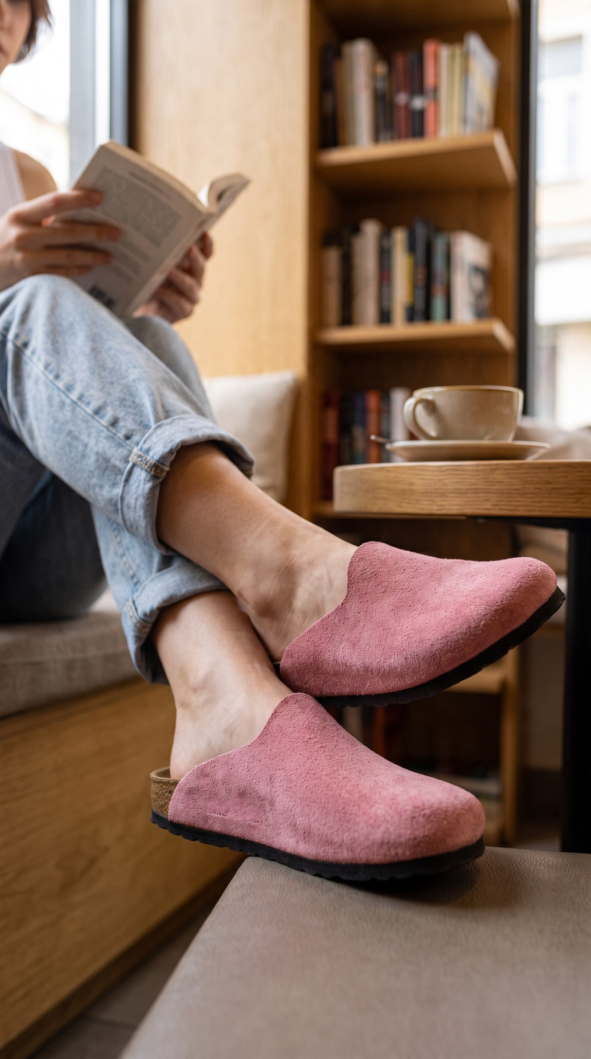Allure Roséa porté avec un jean dans un coin lecture, détail de la texture veloutée du cuir rose.