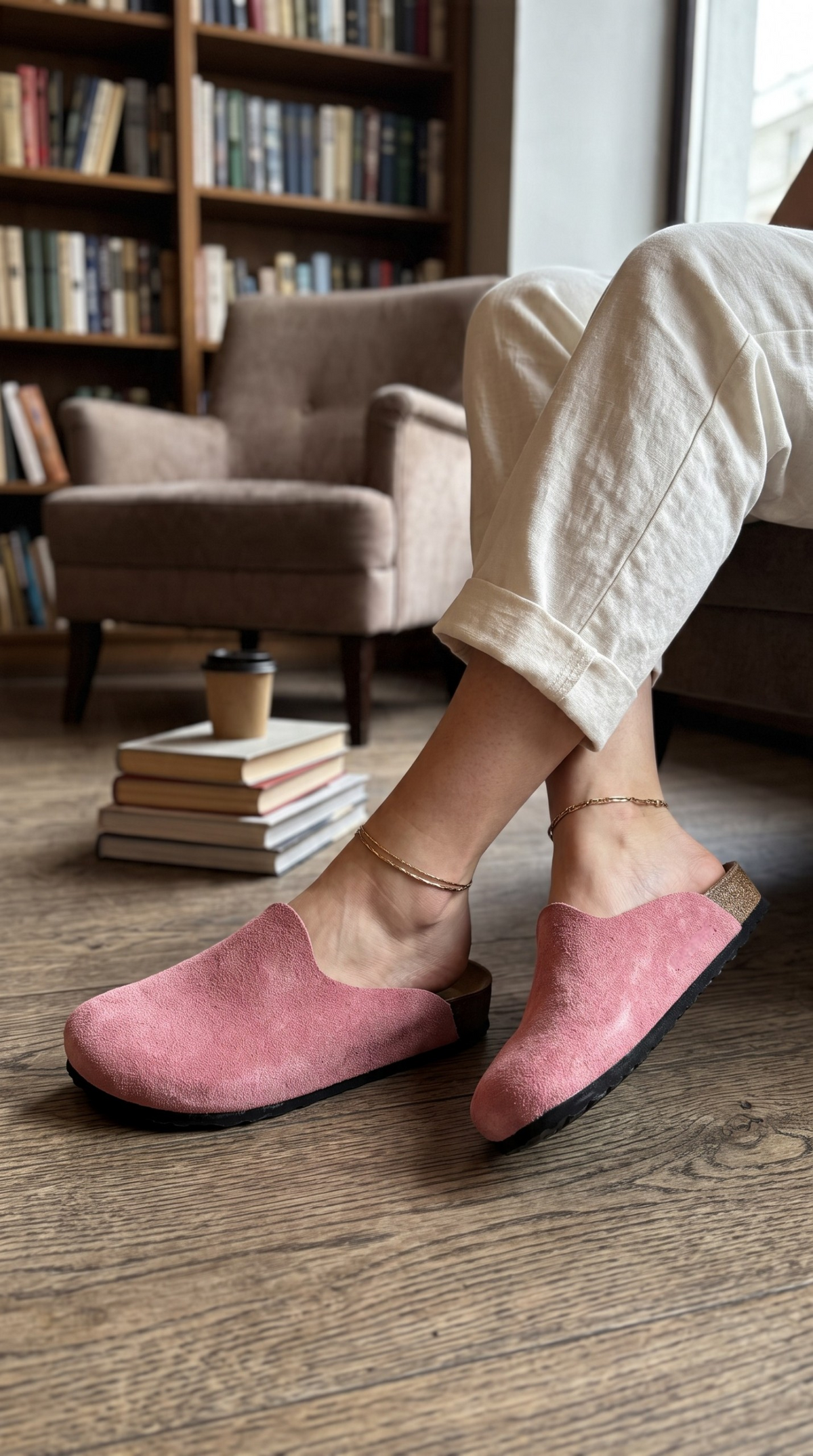 Allure Roséa en cuir bovin renversé rose poudré, porté avec un pantalon clair, vue rapprochée des deux mules.