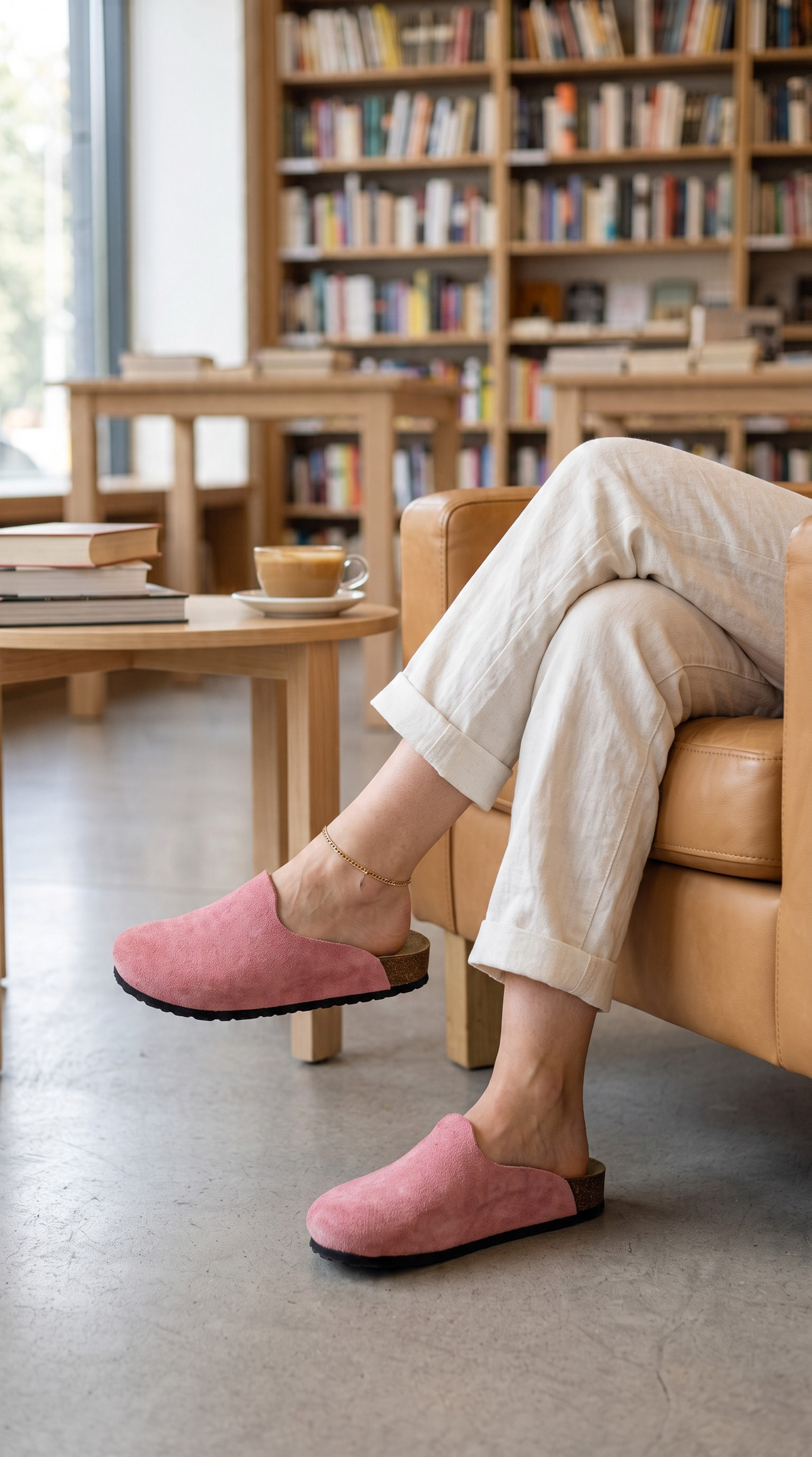 Allure Roséa porté assis dans un fauteuil, avec un pantalon clair, dans une bibliothèque lumineuse.