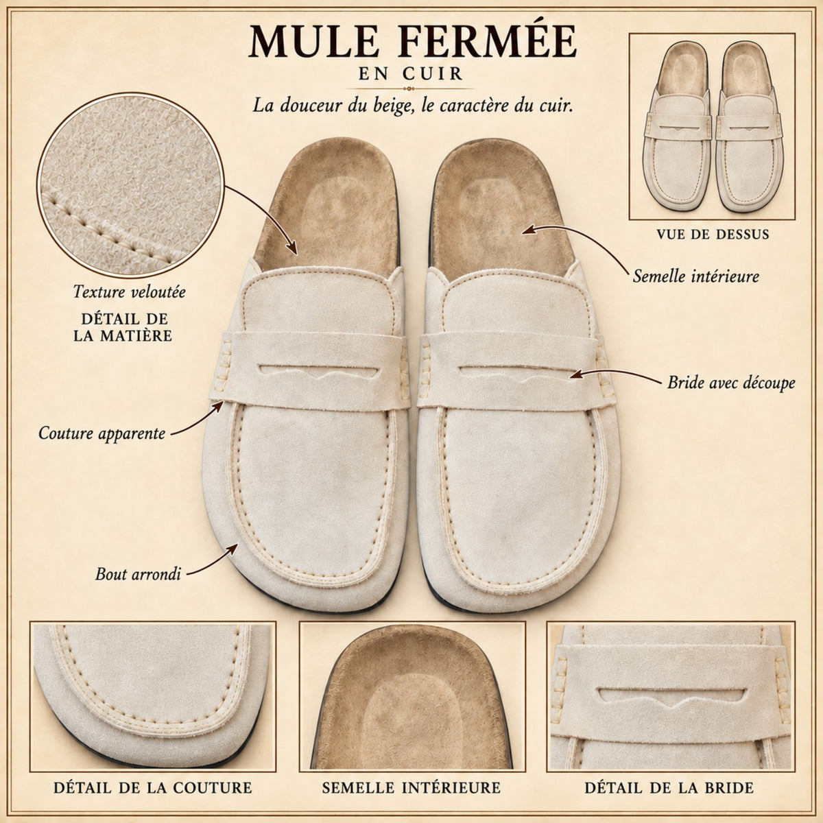 Schéma des mules Avern Dune en cuir : texture veloutée, bride découpée, coutures et bout arrondi