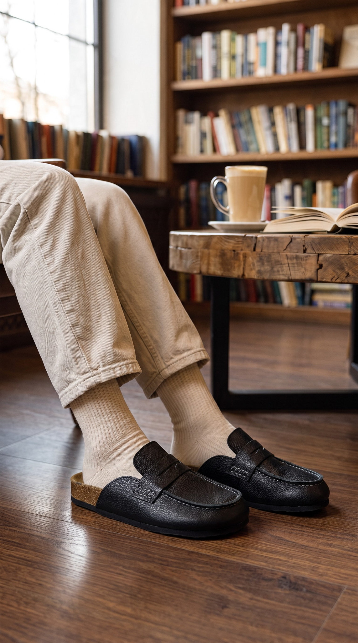 Mules Avern Onyx noires portées avec un pantalon beige et des chaussettes claires dans un café.