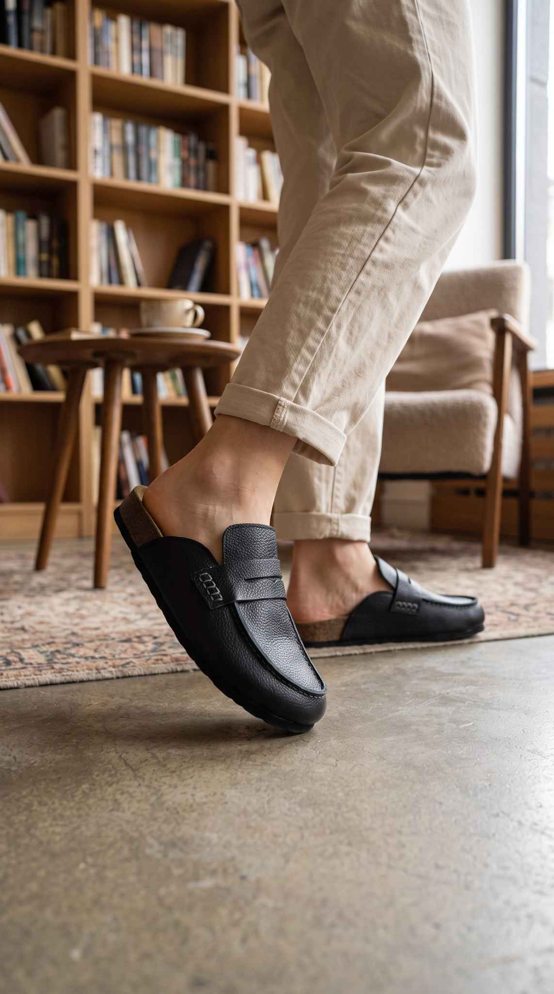 Avern Onyx en cuir bovin grainé noir, portée avec un pantalon beige, vue de face et de profil.