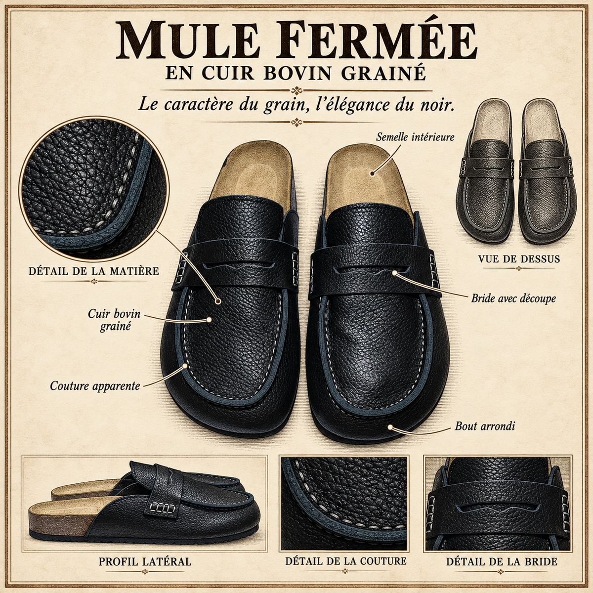 Schéma Avern Onyx : cuir bovin grainé noir, bride découpée, couture apparente et semelle en liège.