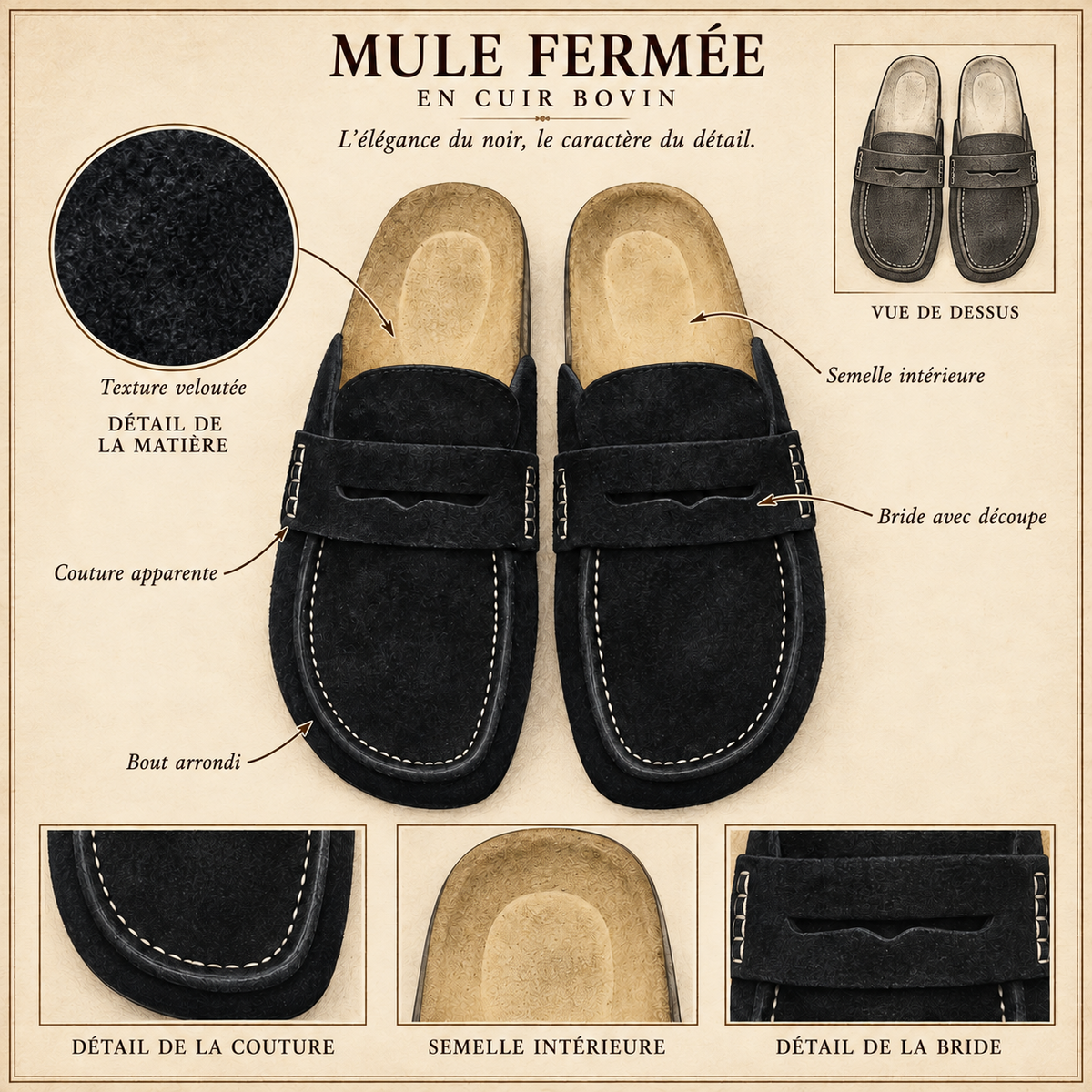 Schéma Avern Prestige en cuir bovin : texture veloutée, bride découpée, coutures apparentes et bout arrondi