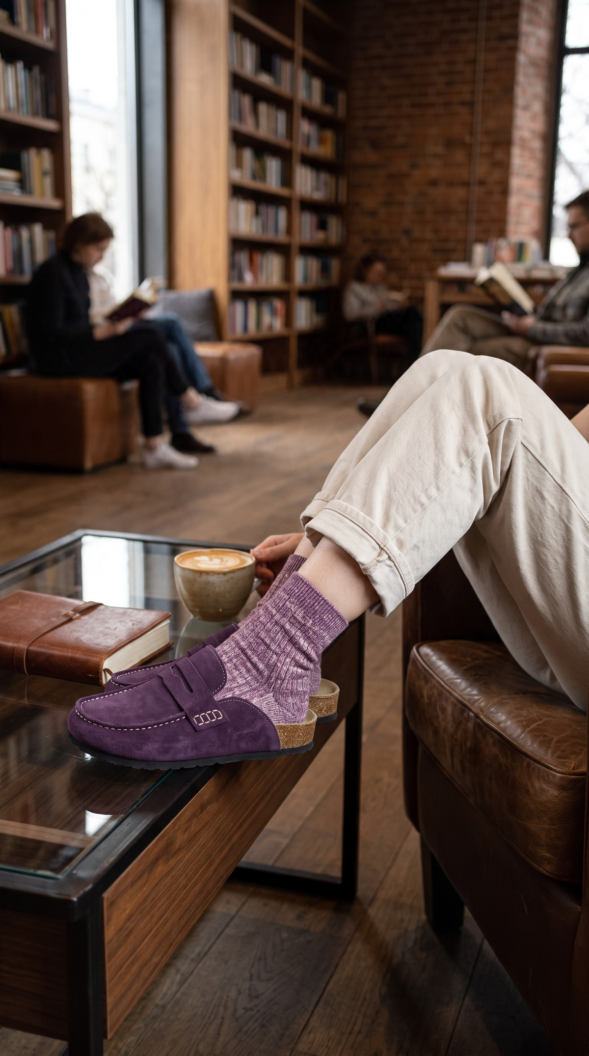 Avern Prune avec des chaussettes mauves et un pantalon clair, détail du profil en cuir et du bord en liège.