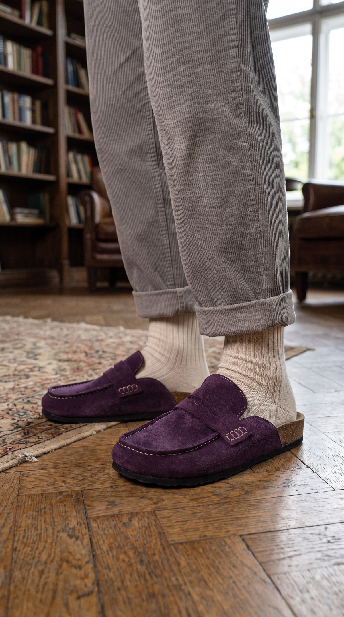 Vue rapprochée d’Avern Prune avec des chaussettes écrues : cuir velouté, bride découpée, coutures claires et bord en liège.