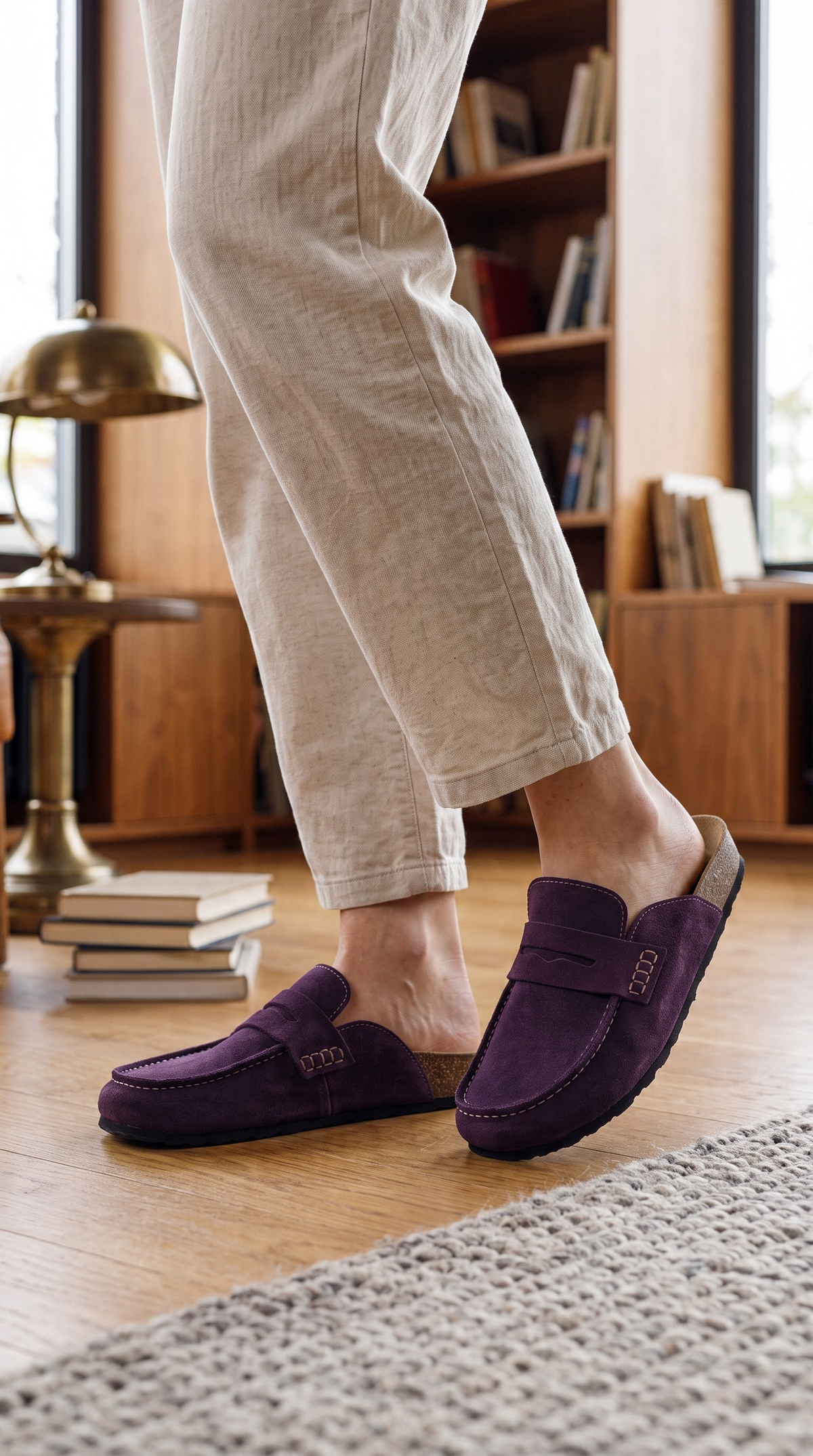 Avern Prune porté avec un pantalon clair, deux mules en cuir velouté violet prune avec bride découpée et coutures contrastées.