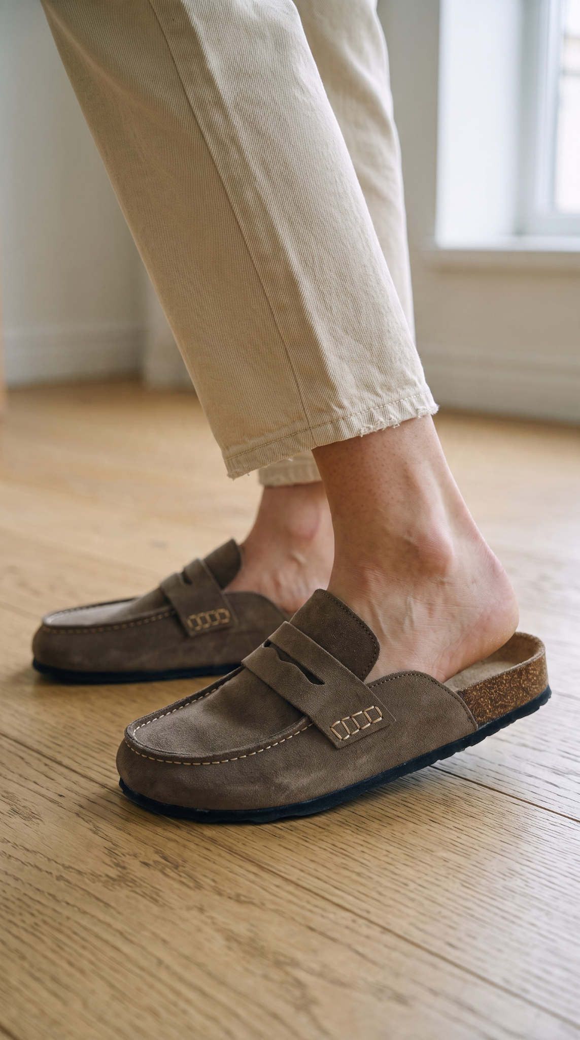Avern Stone Taupe porté avec un pantalon écru sur un parquet, bride découpée et semelle en liège