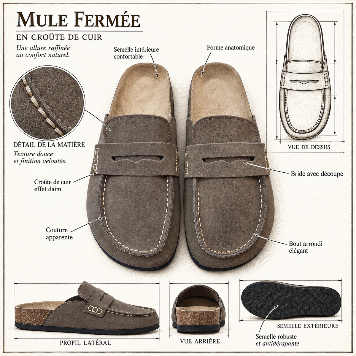 Schéma des détails Avern Stone Taupe : croûte de cuir, bride avec découpe, bout arrondi et semelles