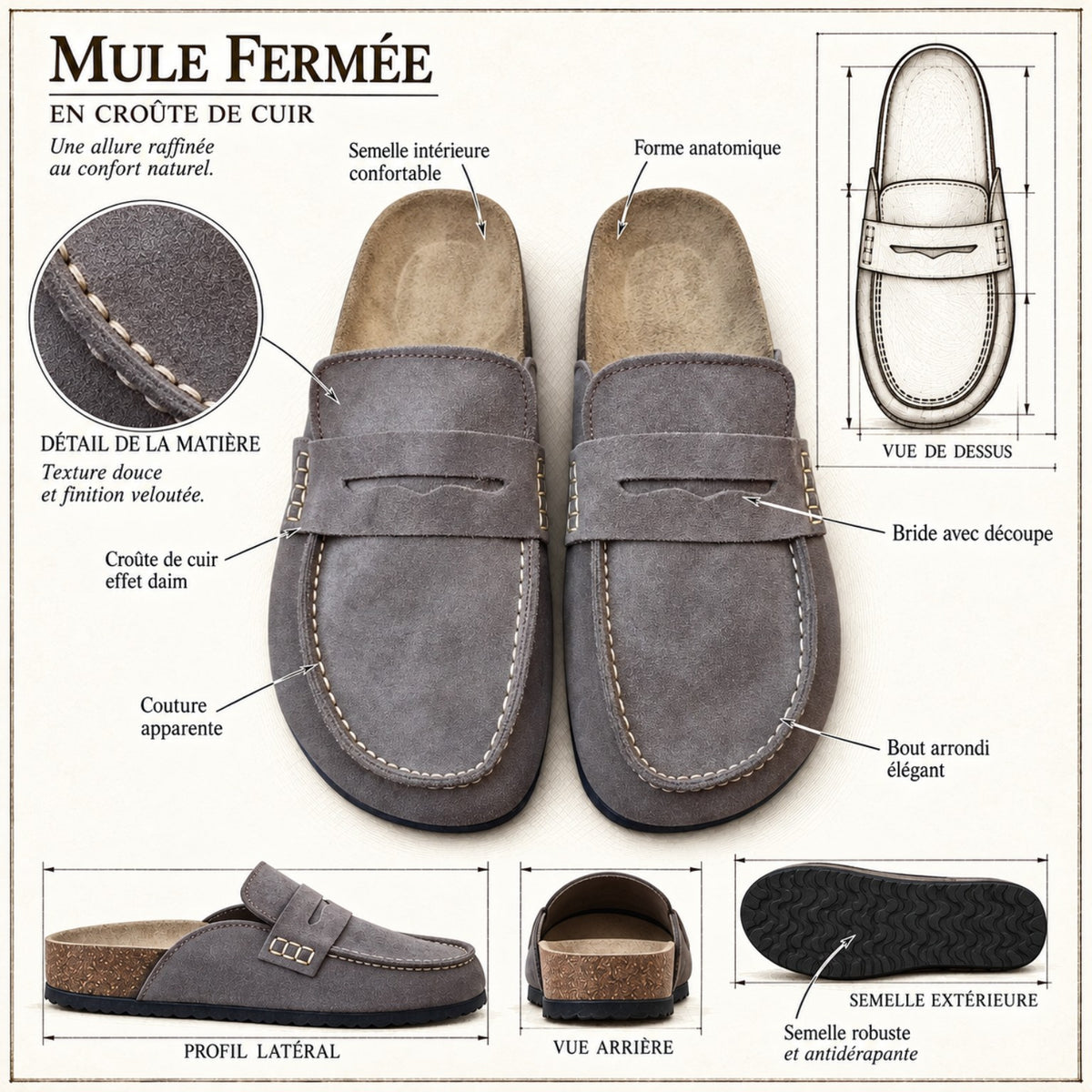 Schéma des détails Avern Taupe fumé : croûte de cuir, bride avec découpe, bout arrondi et semelles