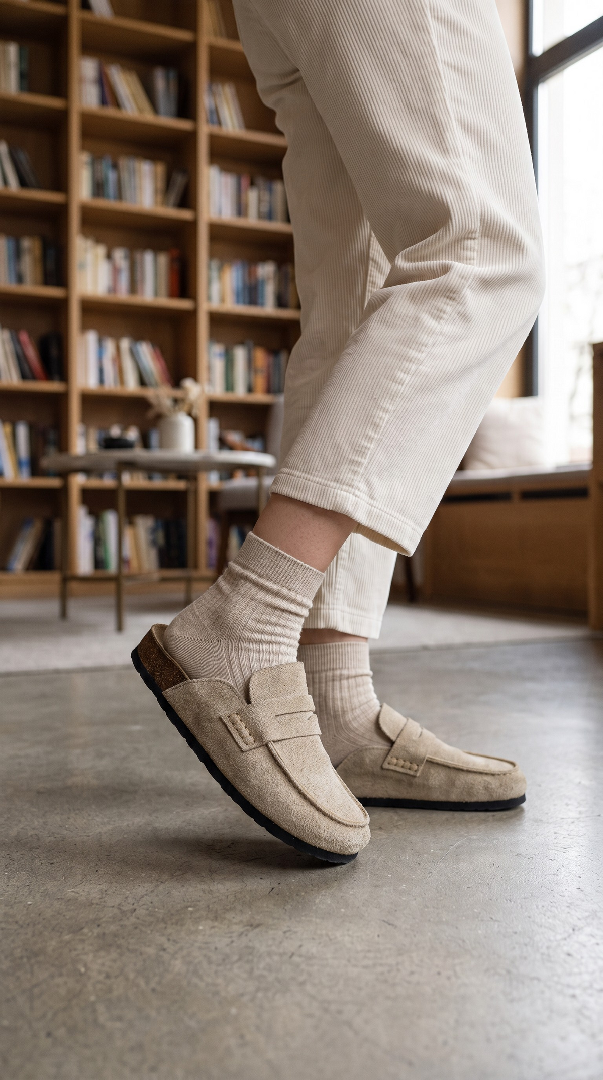 Avern Velano en cuir bovin renversé beige clair, portée avec un pantalon écru, vue de face et de profil.