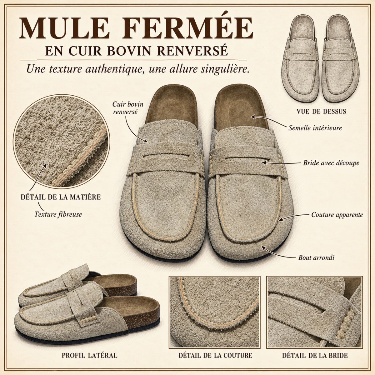 Schéma Avern Velano : cuir bovin renversé à la texture fibreuse, bride découpée, couture apparente et semelle en liège.