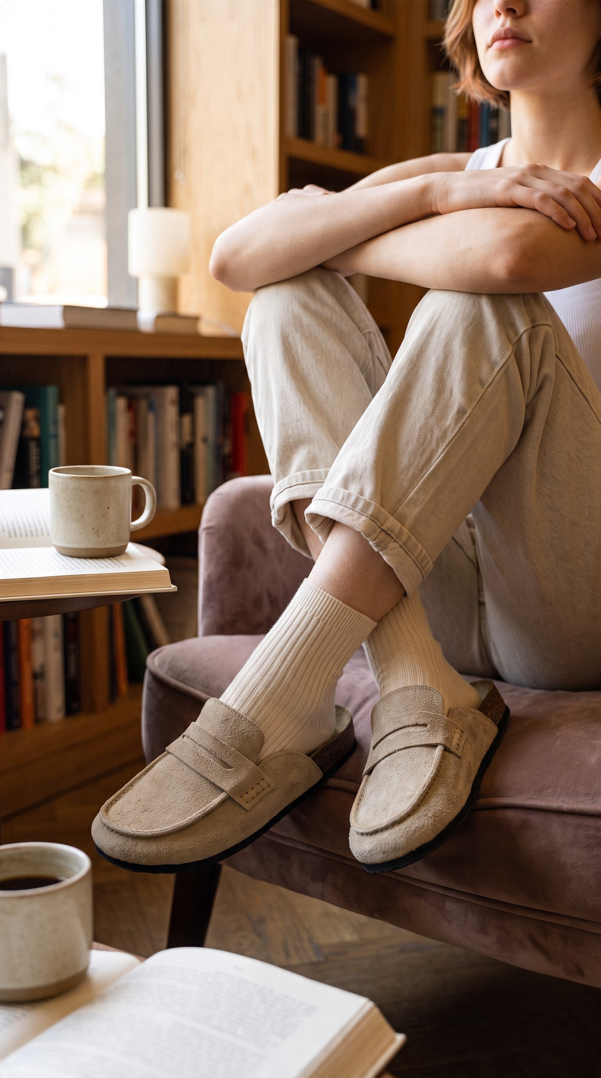 Avern Velano portée dans un fauteuil, avec un pantalon beige et des chaussettes claires, bride découpée et couture apparente.