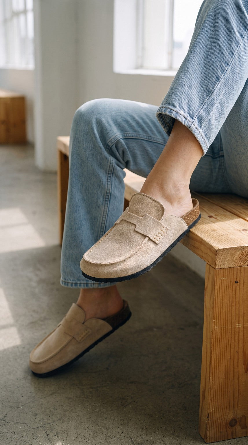 Havana Dune, mules en croûte de cuir beige portées avec un jean