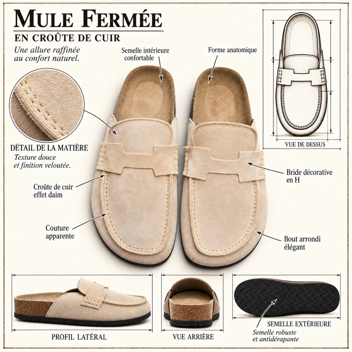 Schéma illustré du modèle Havana Dune, croûte de cuir et semelle en liège