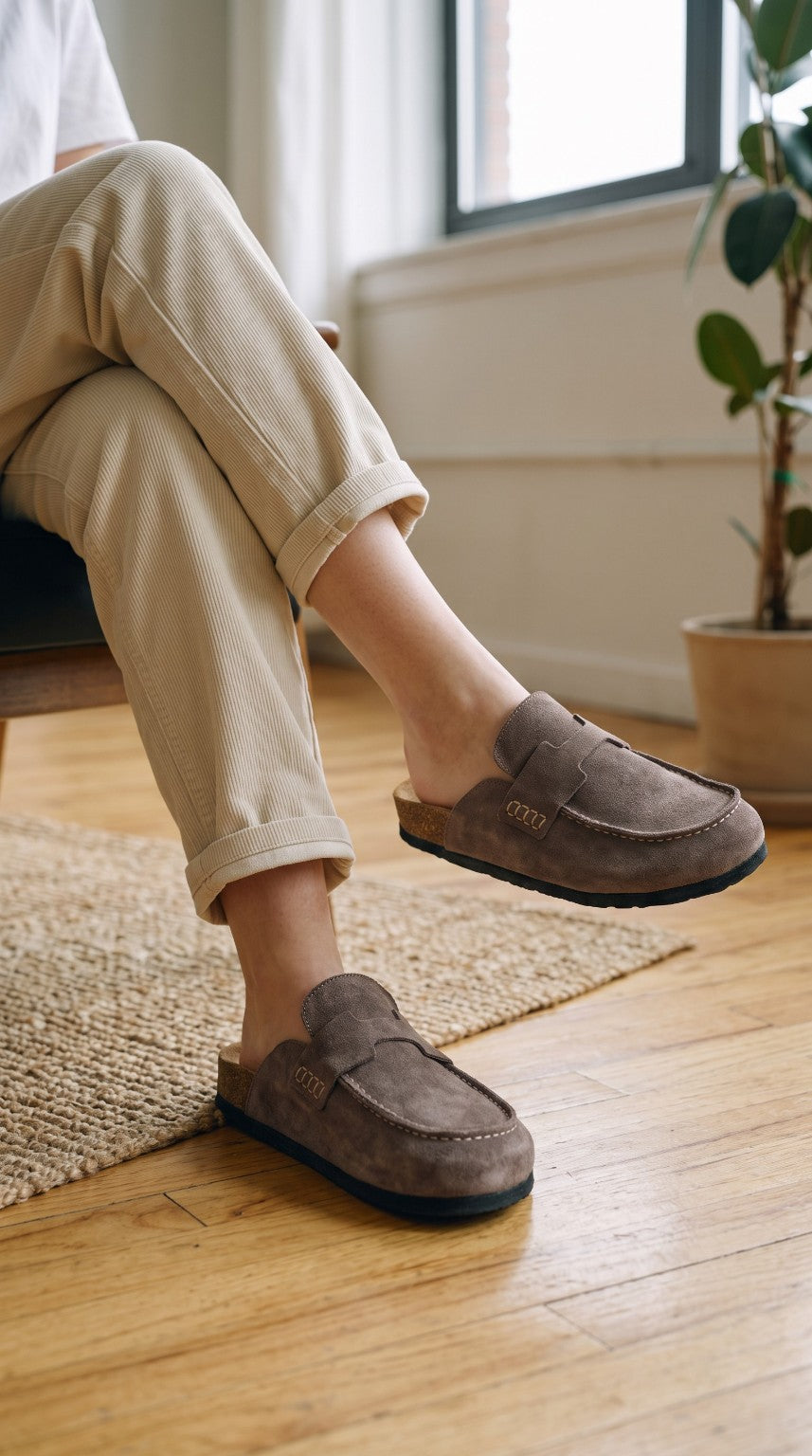Havana Taupe fumé portée avec un pantalon beige dans un intérieur lumineux