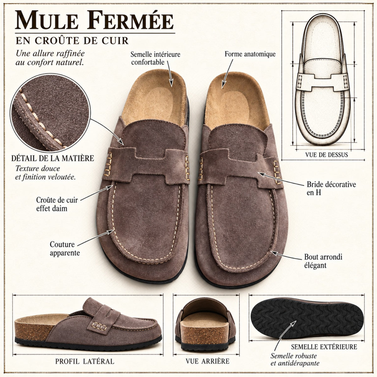 Schéma illustré de Havana Taupe fumé : croûte de cuir, bride en H, coutures et semelle